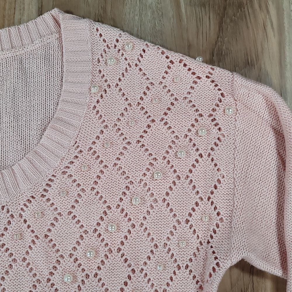 🔹️Bellatrix Pink Open Knit Faux Pearl Adorned Sweater Large - Picture 5 of 11